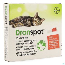 Dronspot 60mg/15mg Spot-on Chat Moyen2,5-5kg  2 Pipettes