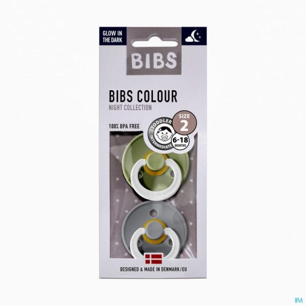 Bibs 2 Sucette Duo Glow in thé Dark Sage / Cloud 2 Sucettes de Nuit