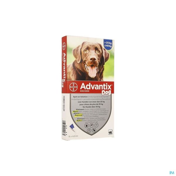 Advantix 400/2000 pour Chiens de 25 à 40kg Pipettes 6x4,0ml