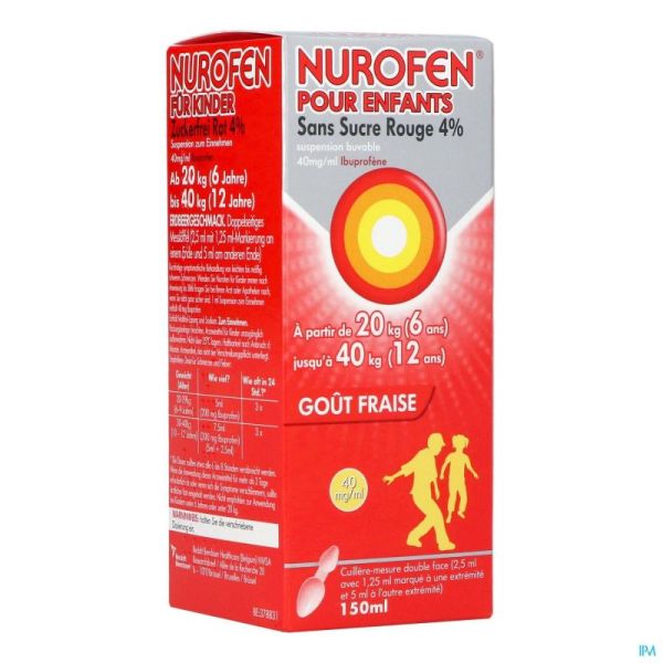 Nurofen Enfants Sirop Sans Sucre Rouge 4 % Fraise 150 Ml