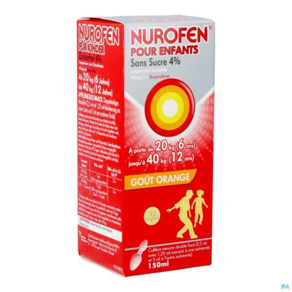 Nurofen Enfants Sirop Sans Sucre 4 % Orange 150 Ml