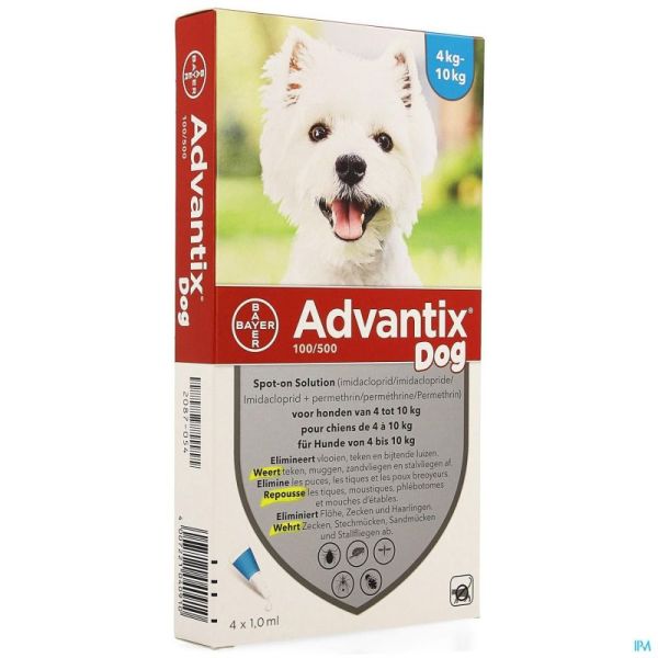 Advantix 100/ 500 pour Chiens de 4 à 10kg Pipettes 4x1,0ml