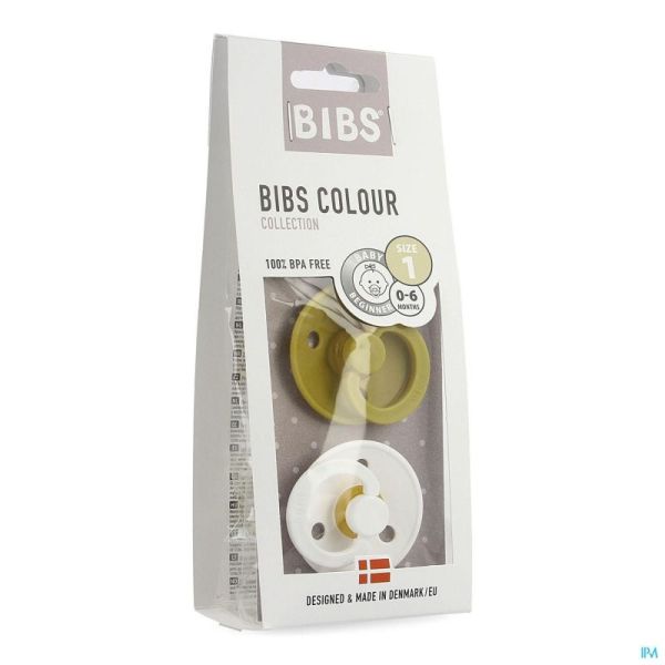 Bibs 1 Sucette Duo Mustard White 2 Sucettes