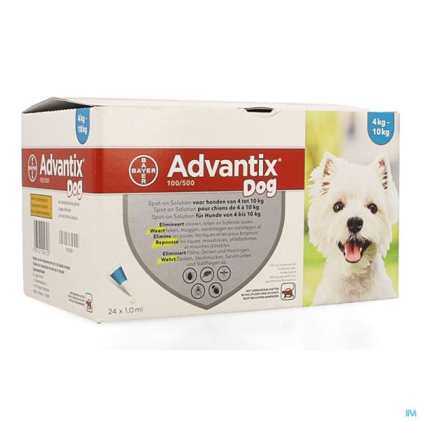 Advantix 100/ 500 pour Chiens de 4 à 10kg Pipettes 24x1,0ml